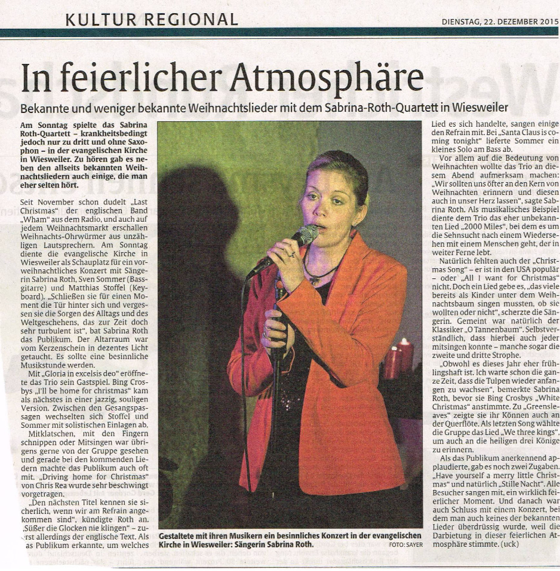 Artikel Rheinpfalz - Sabrina Roth - Konzert in Wiesweiler (1)