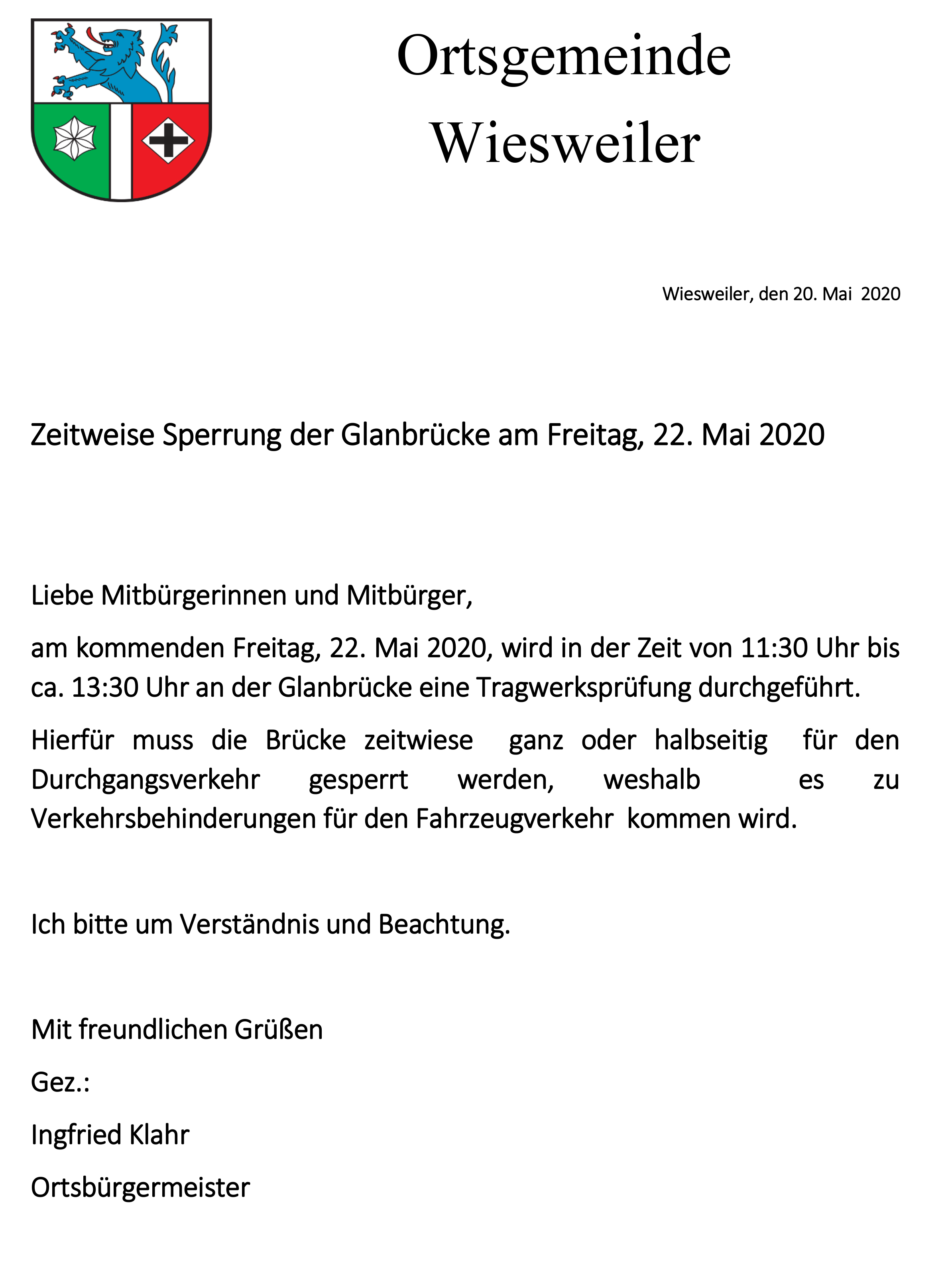 Sperrung Glanbrcke 22. Mai 2020